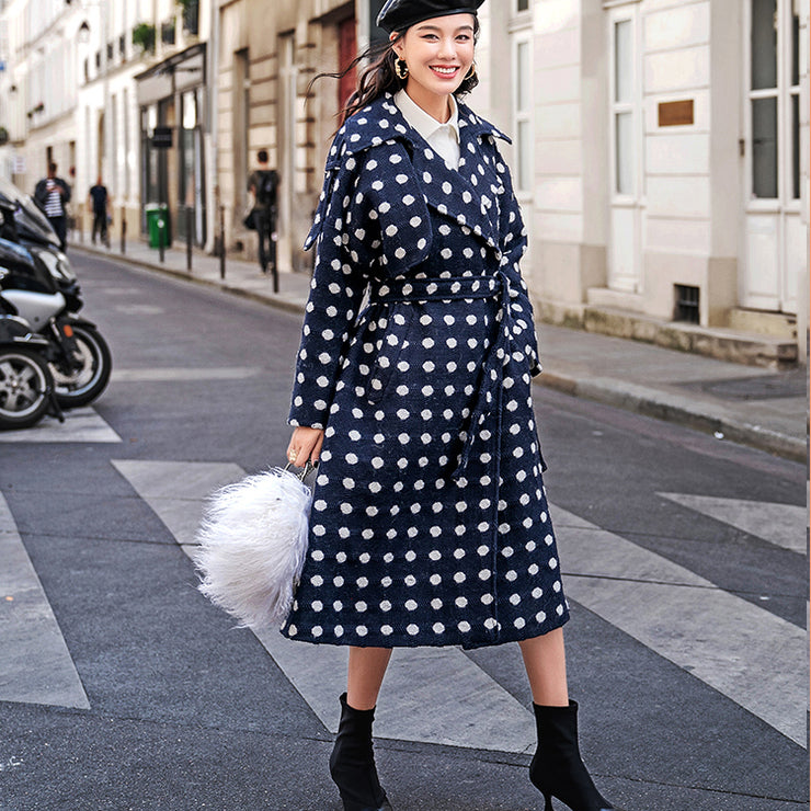 fine navy dotted coat oversize Notched trench coat 2018 tie waist wool jackets