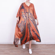 fine orange Midi-length silk dress plus size casual dress 2018v neck prints silk dresses