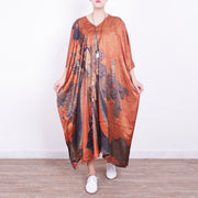 fine orange Midi-length silk dress plus size casual dress 2018v neck prints silk dresses