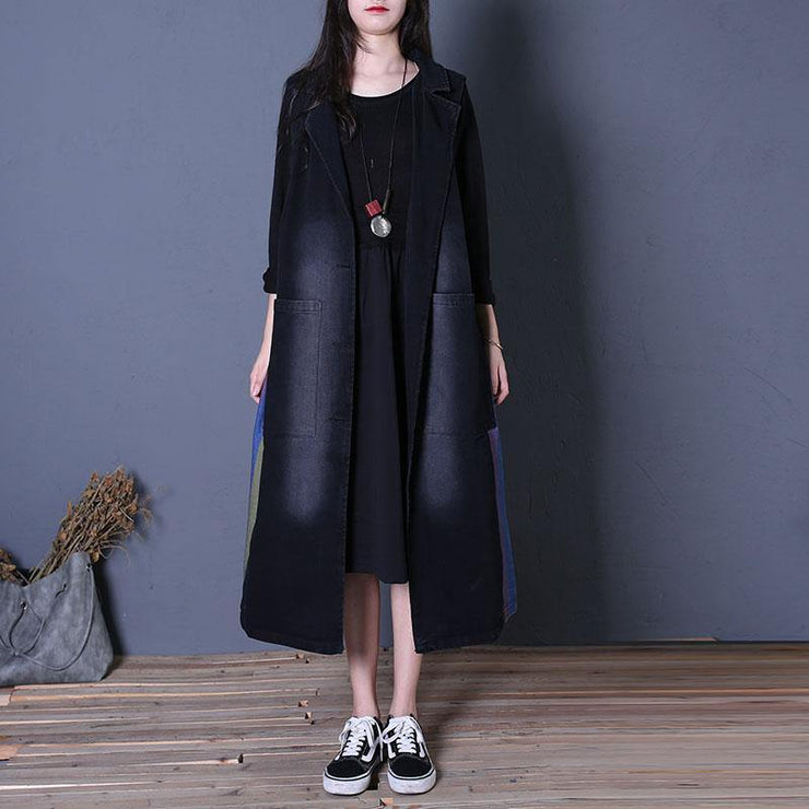 fine oversize fall outwear denim black Notched sleeveless coats - SooLinen