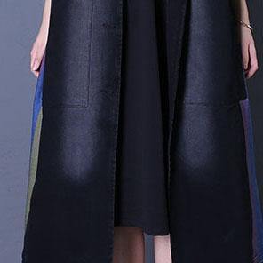 fine oversize fall outwear denim black Notched sleeveless coats - SooLinen