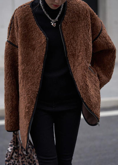 oversized Coats women chocolate o neck zippered wool coat - SooLinen