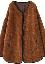 oversized Coats women chocolate o neck zippered wool coat - SooLinen