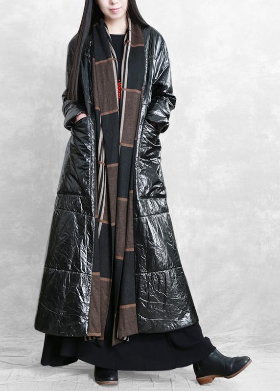 fine oversized Winter coat black patchwork striped pockets wool coat - SooLinen