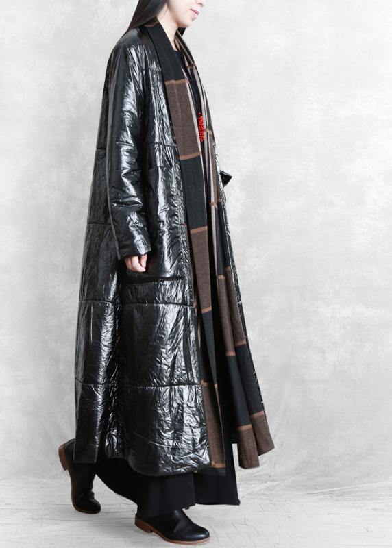 fine oversized Winter coat black patchwork striped pockets wool coat - SooLinen