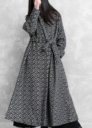 fine oversized long jackets outwear black plaid v neck tie waist wool coat - SooLinen