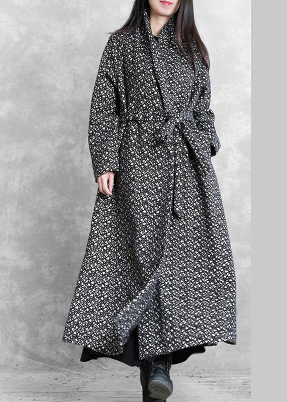 fine oversized long jackets outwear black plaid v neck tie waist wool coat - SooLinen