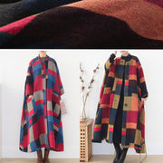 oversized maxi coat winter cashmere Coatred plaid fashion woolen outwear - SooLinen