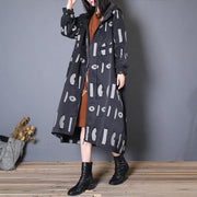 fine oversized trench coat fall black prints hooded drawstring coat - SooLinen