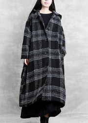 fine plus size clothing Winter coat outwear black plaid hooded patchwork Woolen Coats - SooLinen