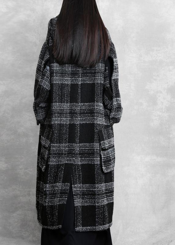 fine plus size clothing Winter coat outwear black plaid hooded patchwork Woolen Coats - SooLinen