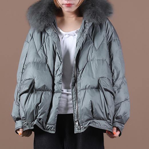 plus size down coats blackish green fur collar zippered hooded down jacket woman - SooLinen