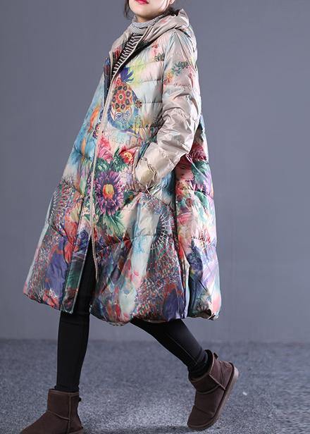 fine plus size down jacket coats khaki print hooded zippered duck down coat - SooLinen