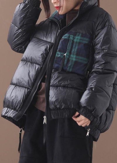 fine plus size down jacket patchwork plaid coats black winter side zippered warm winter coat - SooLinen