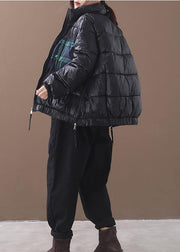 fine plus size down jacket patchwork plaid coats black winter side zippered warm winter coat - SooLinen