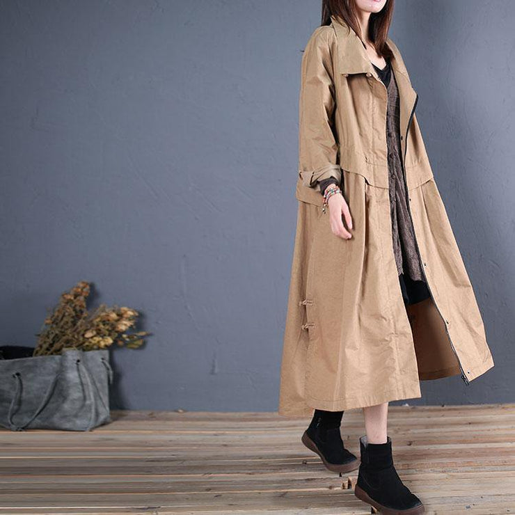 fine plus size long coats fall outwear khaki side open Coats - SooLinen