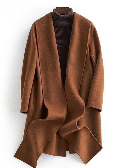 fine plus size long sleeve outwear brown pockets Woolen Coats Women - SooLinen