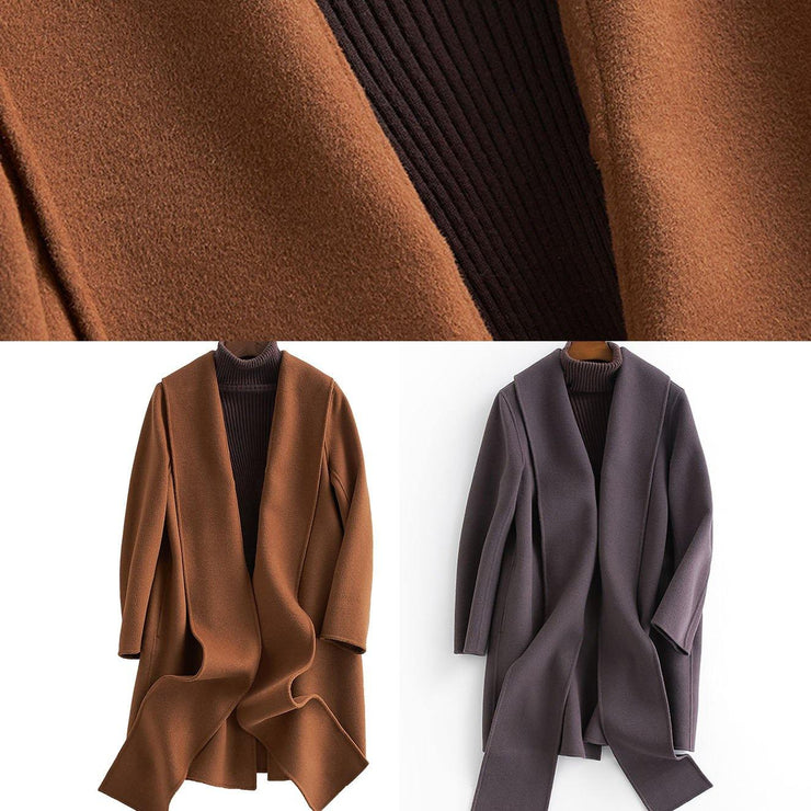 fine plus size long sleeve outwear brown pockets Woolen Coats Women - SooLinen