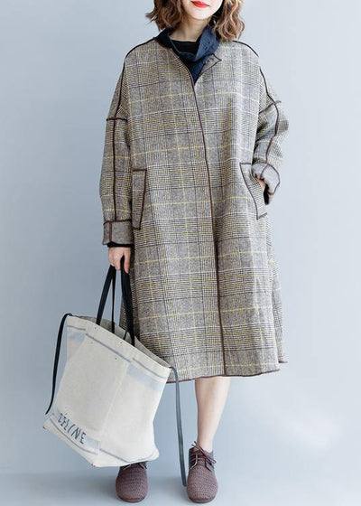 fine plus size mid-length coats winter woolen outwear plaid pockets woolen overcoat - SooLinen