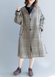fine plus size mid-length coats winter woolen outwear plaid pockets woolen overcoat - SooLinen