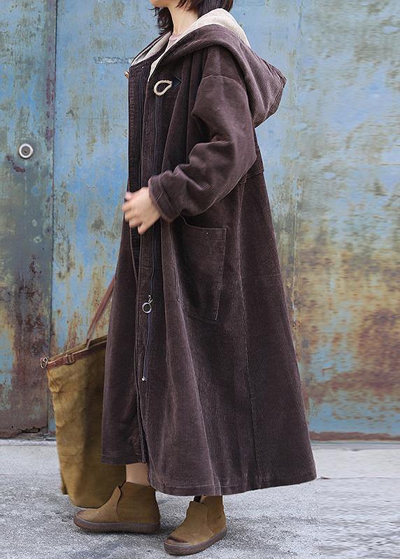 fine plus size warm winter coat zippered outwear chocolate hooded coat - SooLinen