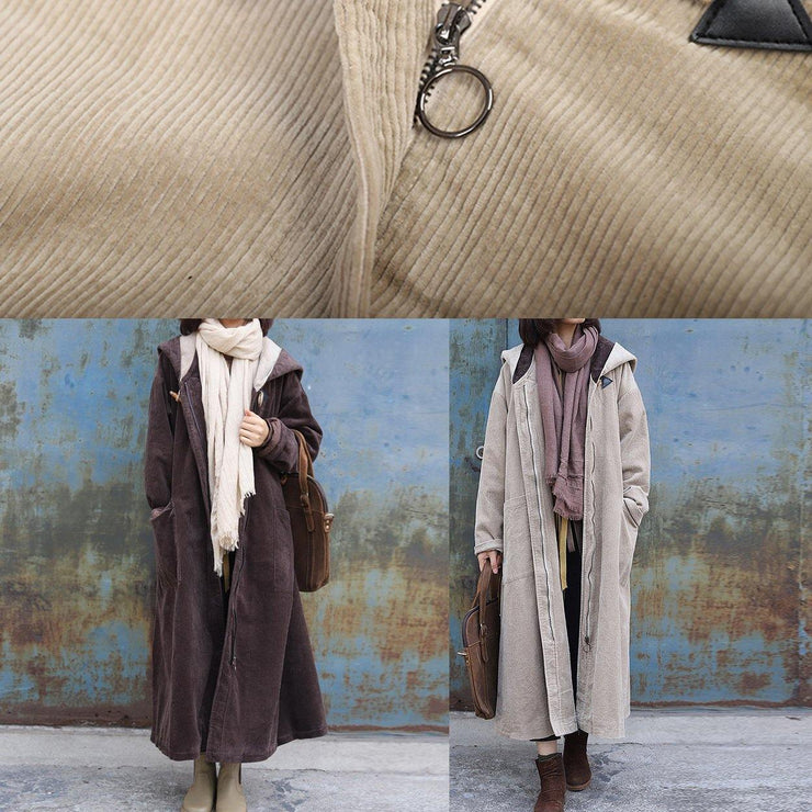 fine plus size warm winter coat zippered outwear chocolate hooded coat - SooLinen