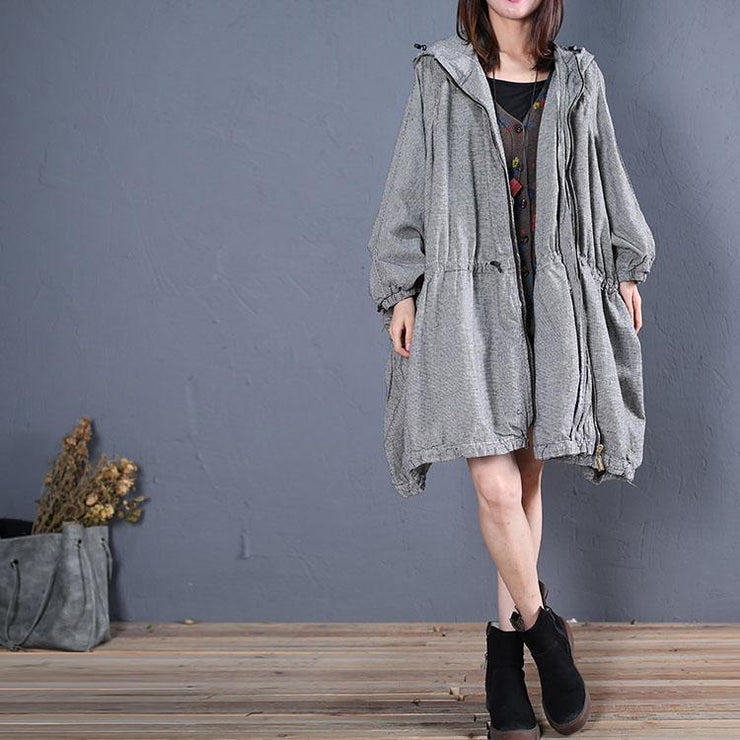 fine plus size winter coat fall outwear gray plaid hooded coats - SooLinen