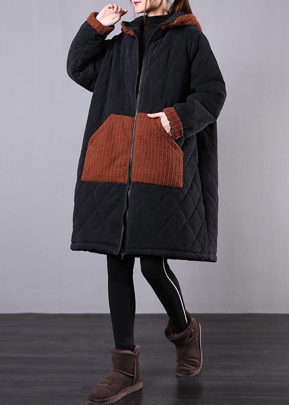 fine plus size winter coats black hooded zippered winter parkas - SooLinen