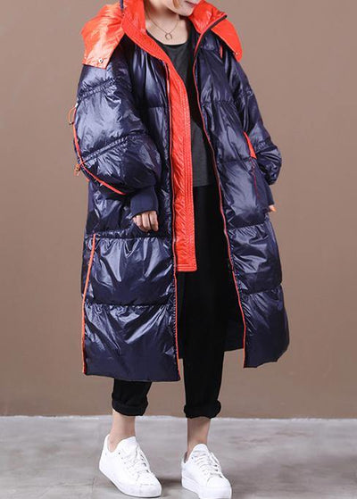 plus size womens parka overcoat dark blue hooded patchwork goose Down coat - SooLinen
