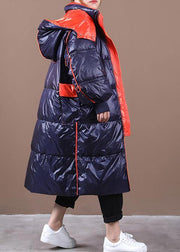 plus size womens parka overcoat dark blue hooded patchwork goose Down coat - SooLinen