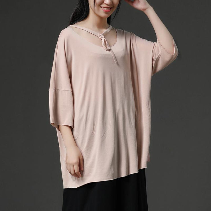 fine pure cotton blended tops plus size Light Pink Casual Summer Women Pullover Shirt