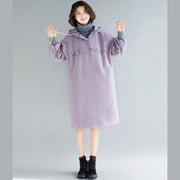 feines lila Langarm-Baumwollkleid plus Größe falsche zweiteilige Frühlingskleider mit Kapuze Kleider