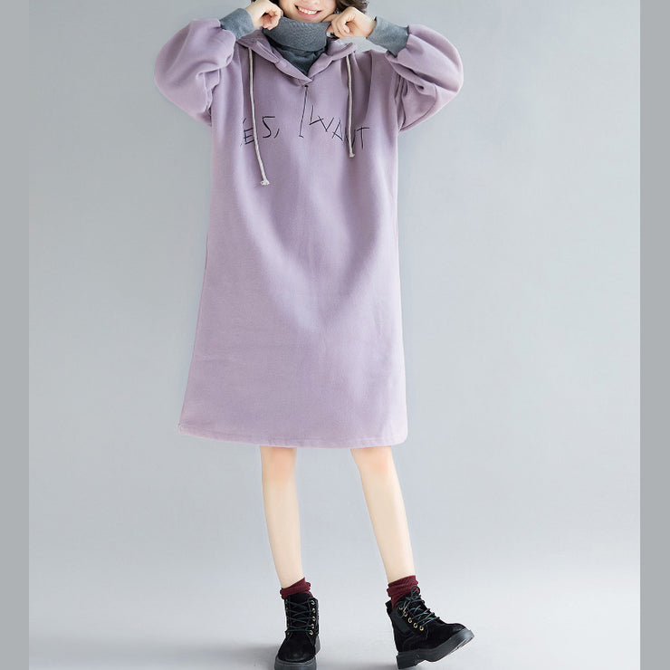 fine purple long sleeve cotton dress plus size false two pieces spring dress hooded dresses
