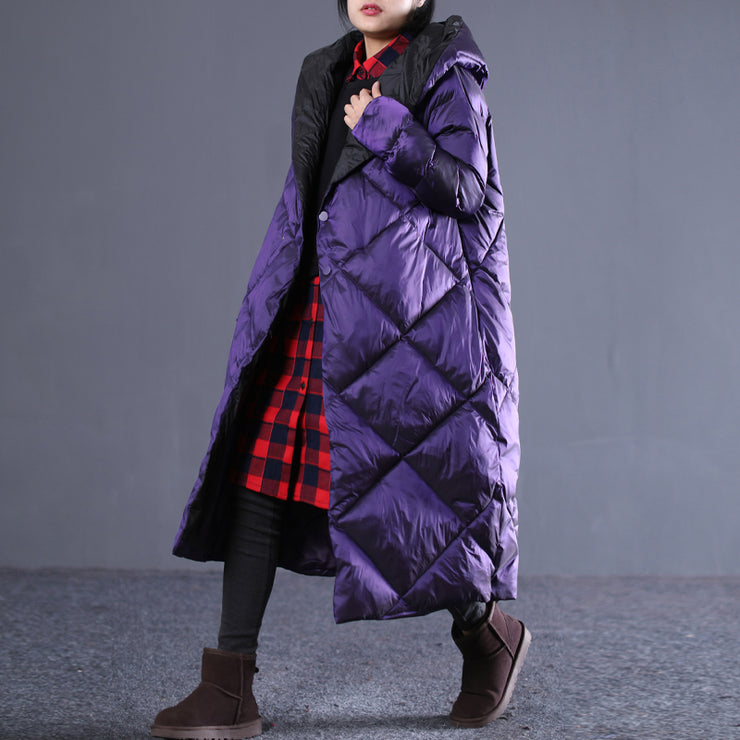 fine purple winter oversize hooded Parka Luxury pockets zippered cotton overcoat