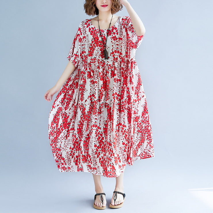 feines rotes Baumwoll-Leinen-Kleid trendy plus Größe Kurzarm-Druck Baggy-Kleider Baumwollkleid 2018 V-Ausschnitt Reisekleidung