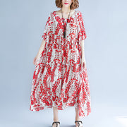 feines rotes Baumwoll-Leinen-Kleid trendy plus Größe Kurzarm-Druck Baggy-Kleider Baumwollkleid 2018 V-Ausschnitt Reisekleidung