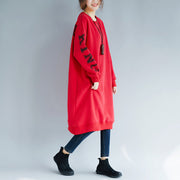 fine red cotton spring dress Loose fitting cotton caftans alphabet prints cotton clothing o neck dresses