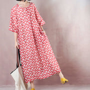 fine red linen dresses oversized o neck print linen gown vintage half sleeve baggy dresses
