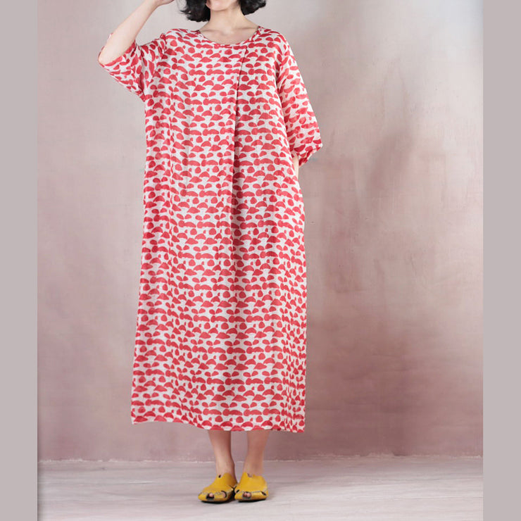 feine rote leinenkleider übergroße leinenkleider mit o-hals-print vintage halbarm baggy kleider