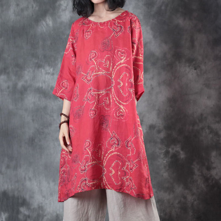 fine red linen tops oversize traveling blouse women half sleeve print O neck linen blouses