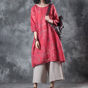 fine red linen tops oversize traveling blouse women half sleeve print O neck linen blouses