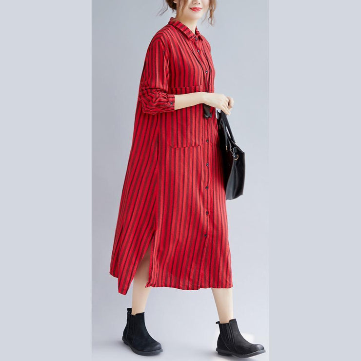 fine red long cotton linen shirt dress plus size Turn-down Collar side open fine long sleeve pockets cotton linen shirt caftans