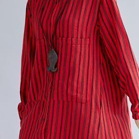 feines rotes langes Baumwoll-Leinen-Hemdkleid plus Größe Turn-Down-Kragen seitlich offen feine Langarmtaschen Baumwoll-Leinen-Hemd-Kaftane