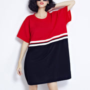 fine red patchwork cotton shift dresses plus size holiday dresses fine loose waist short sleeve natural cotton dress