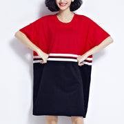 Feines rotes Patchwork-Baumwoll-Etuikleid Plus-Size-Feiertagskleider Feines Kleid mit lockerer Taille und kurzen Ärmeln aus natürlicher Baumwolle