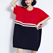 Feines rotes Patchwork-Baumwoll-Etuikleid Plus-Size-Feiertagskleider Feines Kleid mit lockerer Taille und kurzen Ärmeln aus natürlicher Baumwolle