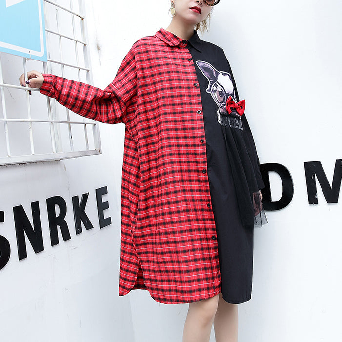 fine red plaid cotton pullover Loose fitting cotton maxi t shirts Fine side open patchwork cotton blouses
