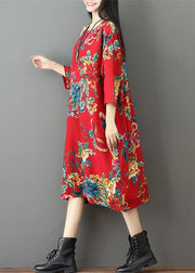 fine red prints Midi-length linen dress trendy plus size holiday o neck linen cotton dress