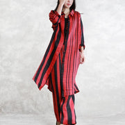 fine red striped silk linen two pieces plus size tops women long sleeve Turn-down Collar silk linen tops vintage baggy pants