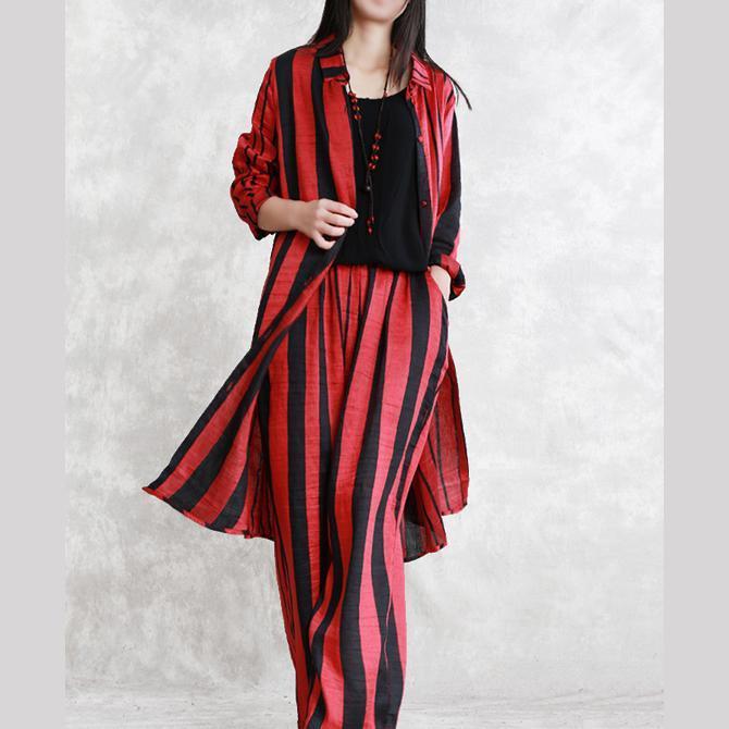 fine red striped silk linen two pieces plus size tops women long sleeve Turn-down Collar silk linen tops vintage baggy pants